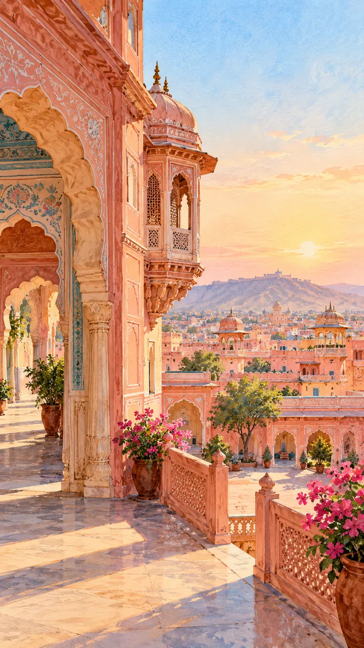 Painterly AI illustration inspired by Jaipur’s pink sandstone courtyards